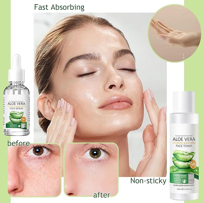 Aloe Vera Skincare Set,Hydrating Travel Size Face Wash,Moisturizing Face Toner & Face Serum & Face Cream,Eye Cream Skin Care Gift Set for Womenďź9PCS)
