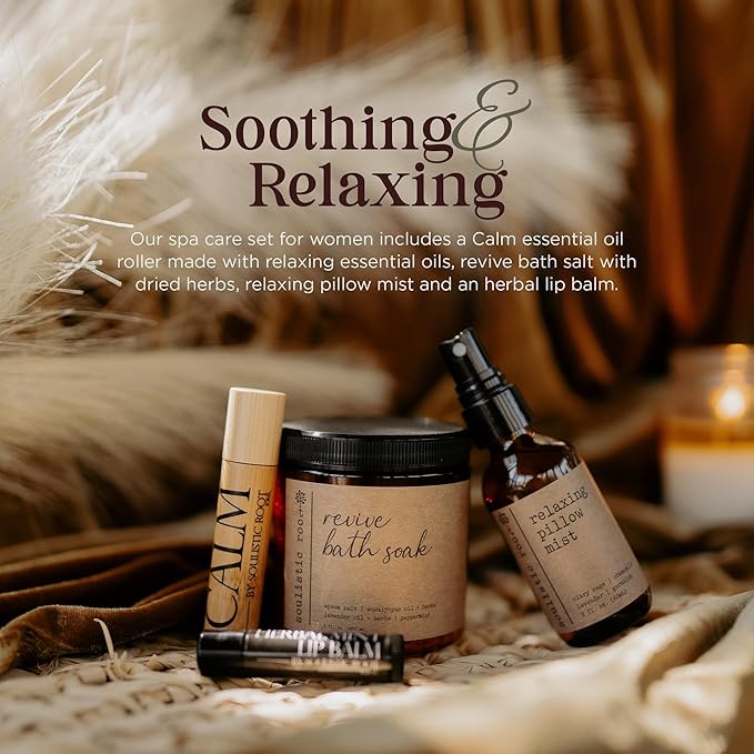 Spa Kit for Women – Relaxing Self Care Gift Set with Lavender Pillow Spray, Mint Lip Balm, Calm Essential Oil Roller & Epsom Salt Bath Soak – Luxury Pampering Package for Home & Bath