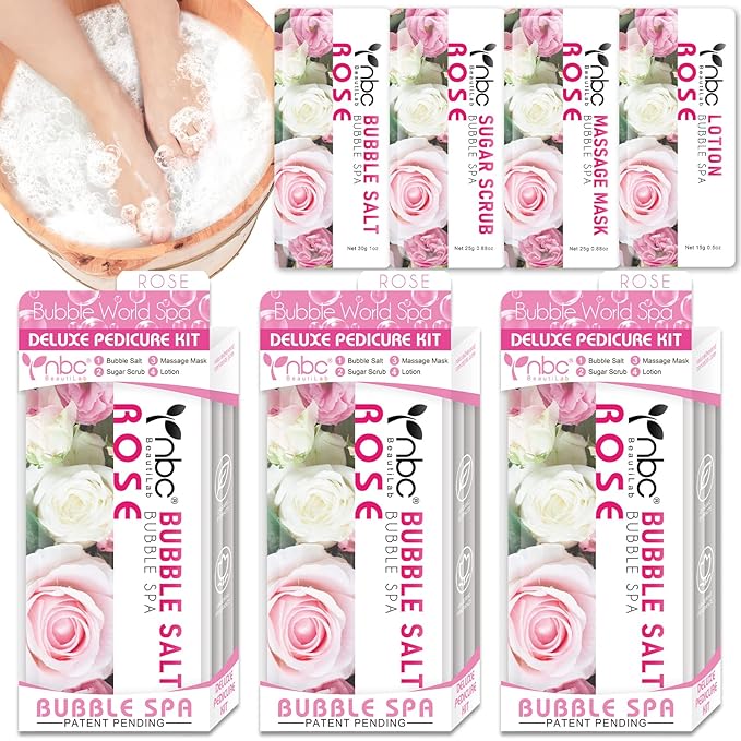 Pedicure Kit Foot Soak Set: Bubble Salt, Sugar Scrub, Massage Mask, Massage Lotion in a Box, 4 Step Foot Spa Kit for Dry Feet, Softens Calluses, Soothes Sore, Tired Feet(3 Set Rose)
