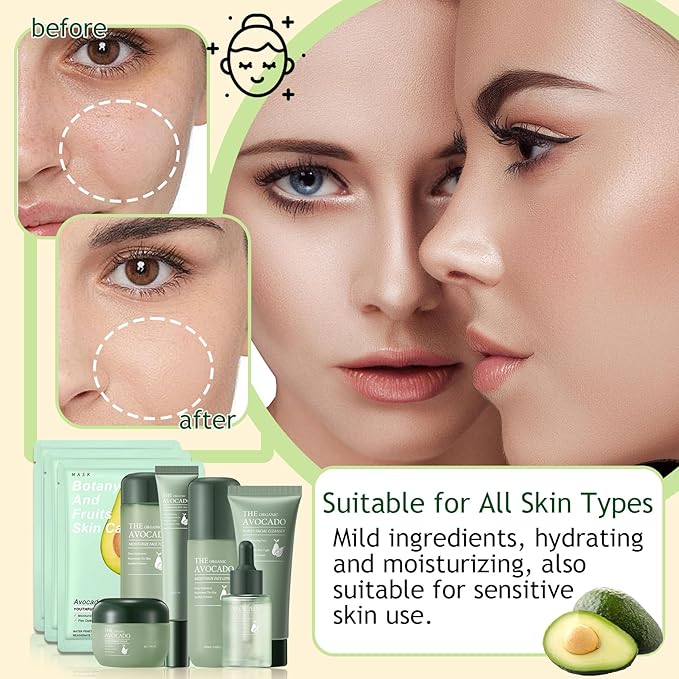 Avocado Skincare Set,Hydrating Travel Size Avocado Face Wash,Moisturizing Face Toner & Face Serum & Face Cream,Eye Cream Skin Care Gift Set for Womenďź9PCS)
