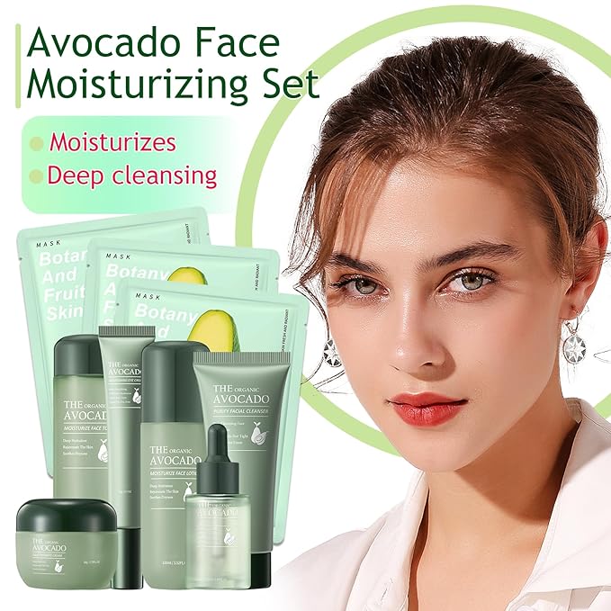 Avocado Skincare Set,Hydrating Travel Size Avocado Face Wash,Moisturizing Face Toner & Face Serum & Face Cream,Eye Cream Skin Care Gift Set for Womenďź9PCS)