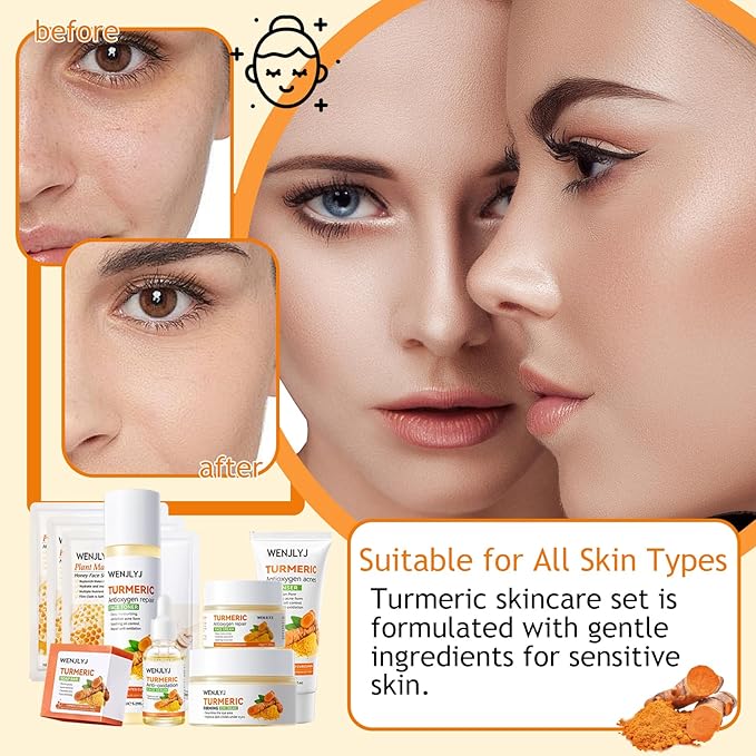 Turmeric Soap Skincare Set with Honey Face Sheets Mask,Hydrating Travel Size Turmeric Face Wash,Moisturizing Face Toner & Face Serum & Face Cream,Eye Cream Skin Care Gift Set for Womenďź9PCS)