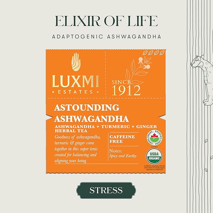 Luxmi Estates Astounding Ashwagandha Root Loose Tea 250g Pack | Certified USDA Organic Herbal Tea For Stress Support | With Turmeric, Ginger, Lemongrass & More | 125 Cups