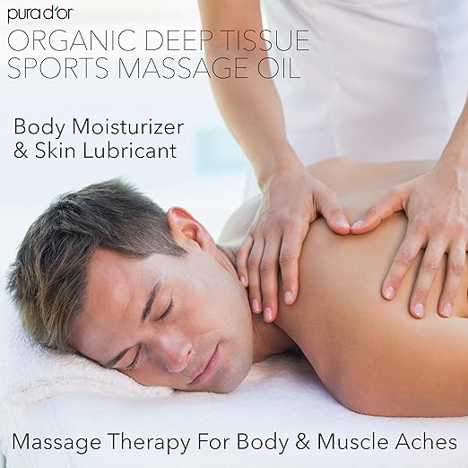 PURA D'OR 16 Oz Organic Deep Tissue Sports Massage Oil for Toned Sore Muscles - Jojoba Oil, Sunflower Oil, Almond Oil, Grapefruit Oil & Eucalyptus Oil - Alleviate Muscle Soreness