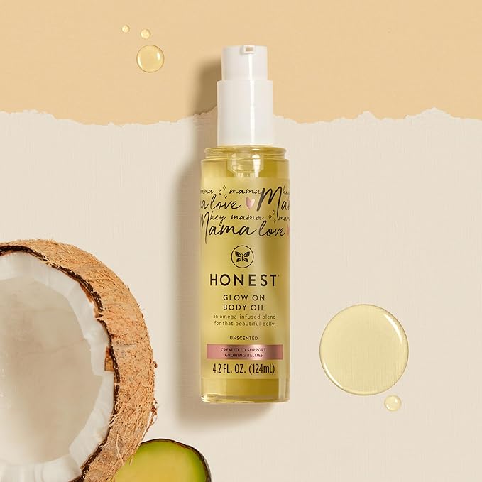 The Honest Company Honest Mama Hydrating and Soothing Glow On Body + Belly Oil | Plant Based, Hypoallergenic, Fragrance Free | 4.2 fl oz