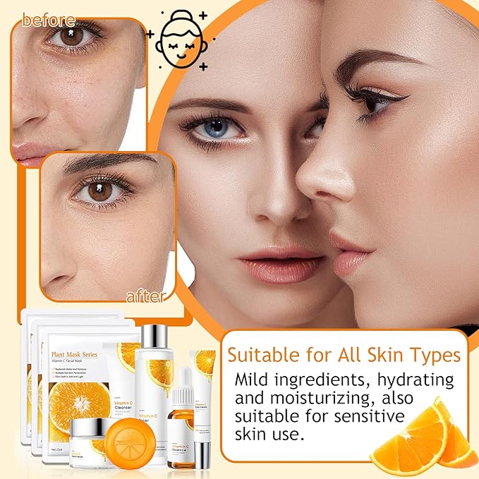 Vitamin C Skincare Set,Hydrating Travel Size Face Wash,Moisturizing Face Toner & Face Serum & Face Cream,Eye Cream Skin Care Gift Set for Womenďź9PCS)