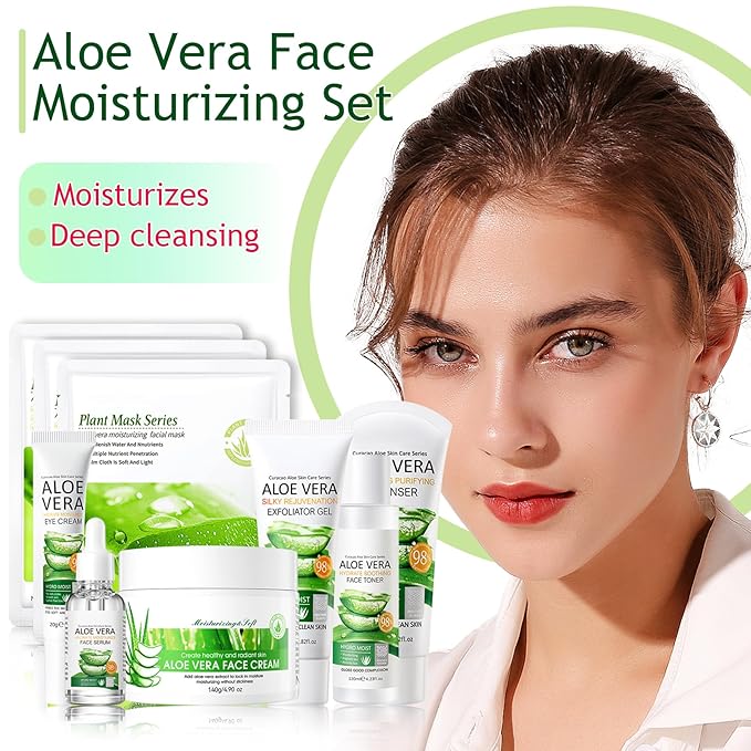 Aloe Vera Skincare Set,Hydrating Travel Size Face Wash,Moisturizing Face Toner & Face Serum & Face Cream,Eye Cream Skin Care Gift Set for Womenďź9PCS)