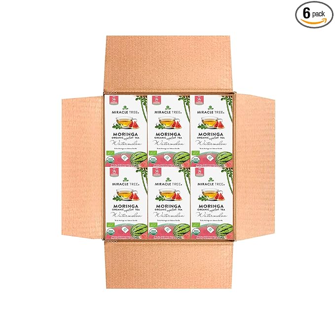 Miracle Tree - 6 Count of Organic Moringa Superfood Tea, 25 Individually Sealed Tea Bags, Watermelon (Keto, Detox, Energy/Immunity Booster, Vegan, Gluten-Free, Organic, Non-GMO, Caffeine-Free)