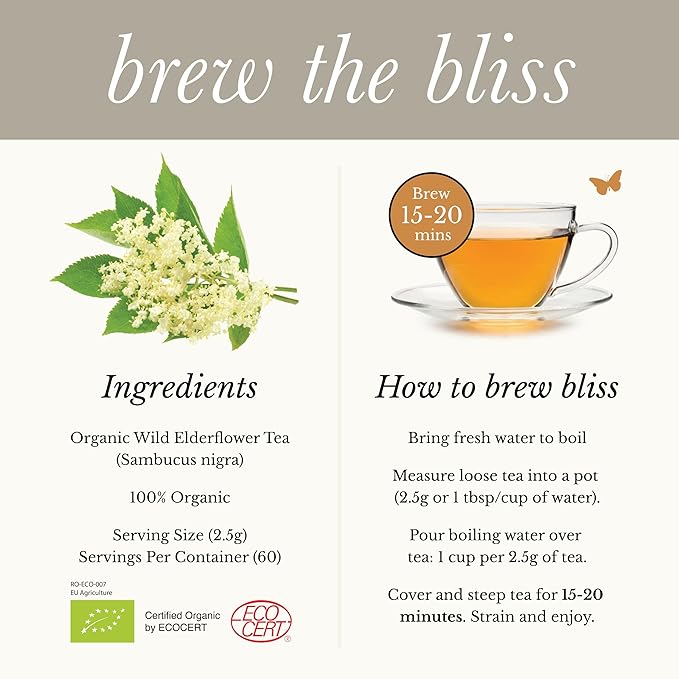 Wild Bliss Organic Elderflower Tea – Immune and Respiratory Support - Caffeine Free Loose Leaf Elder Flowers - 5.29 Ounces - 60 Servings