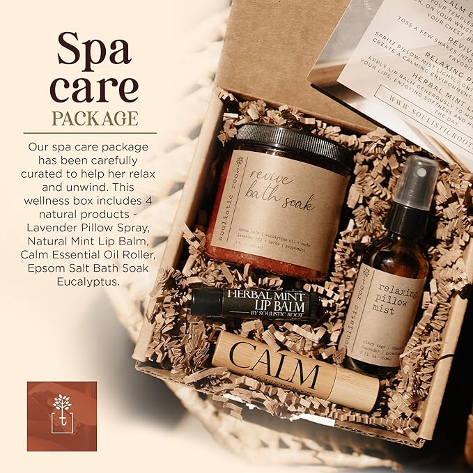 Spa Kit for Women – Relaxing Self Care Gift Set with Lavender Pillow Spray, Mint Lip Balm, Calm Essential Oil Roller & Epsom Salt Bath Soak – Luxury Pampering Package for Home & Bath