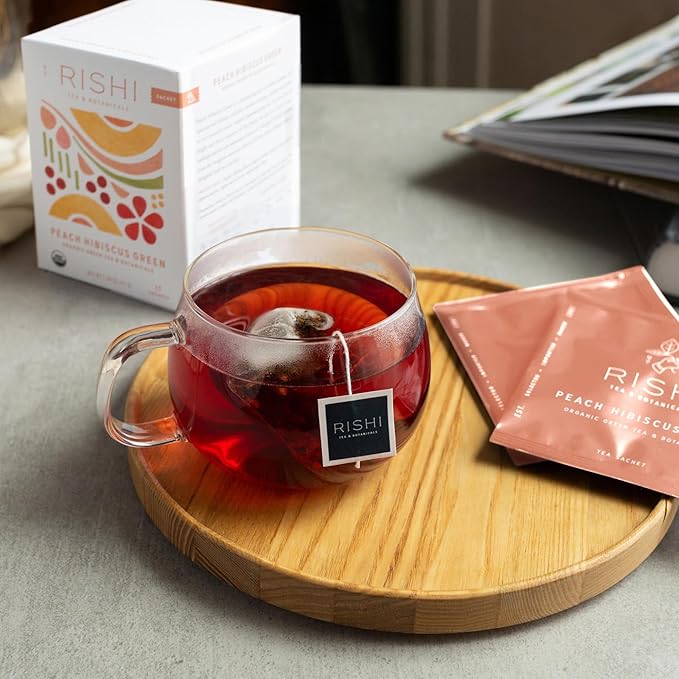 Rishi Tea Peach Hibiscus Green Houjicha Roasted Japanese Tea - Organic, Low Caffeine Sachet Bags with Hibiscus & Peach, Enjoy Hot or Iced - 15 Count (Pack of 1)