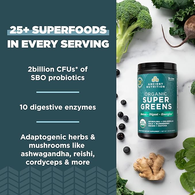 Ancient Nutrition Organic Supergreens Powder, Greens Flavor, 25 Servings + Multi Collagen Protein Powder, Strawberry Lemonade, 24 Servings
