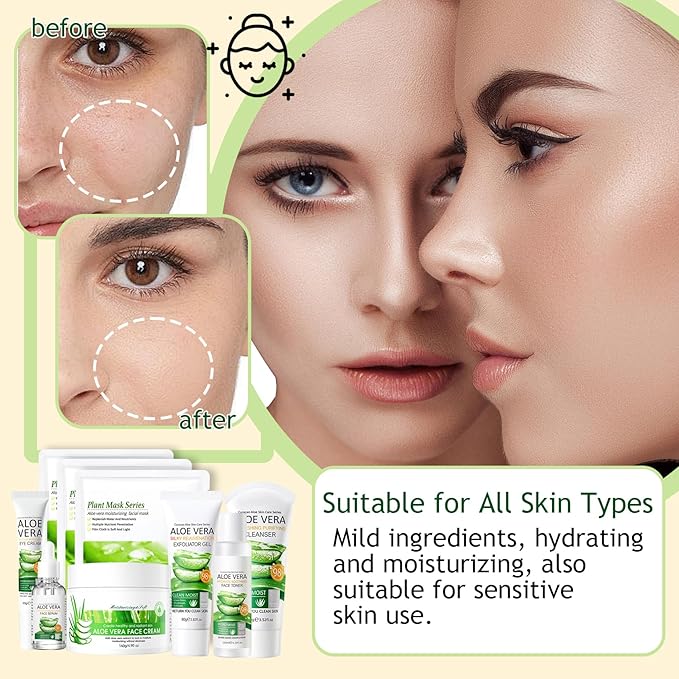 Aloe Vera Skincare Set,Hydrating Travel Size Face Wash,Moisturizing Face Toner & Face Serum & Face Cream,Eye Cream Skin Care Gift Set for Womenďź9PCS)