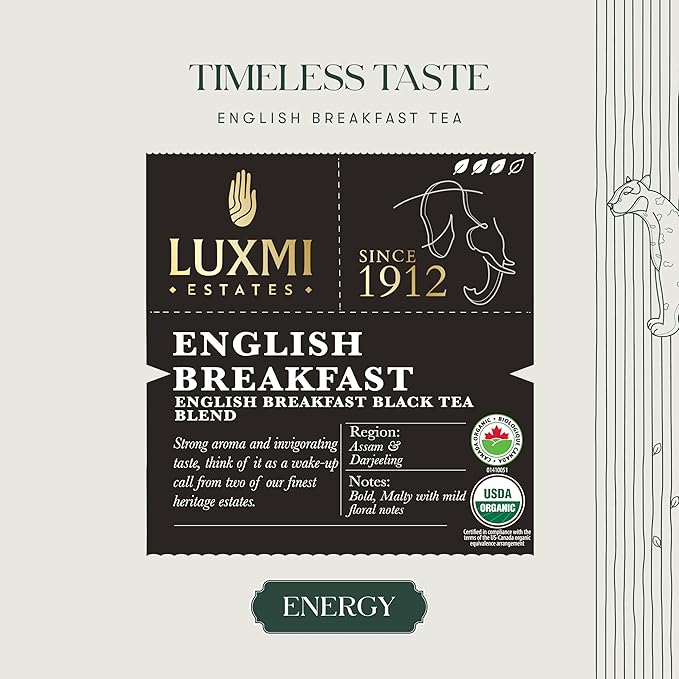 Luxmi Estates - Tale of Two Estates - Organic English Breakfast Tea - 50 Tea Bags | Made with Organic Darjeeling & Assam Tea from India | Smooth, Flavorful, Robust and Caffeinated