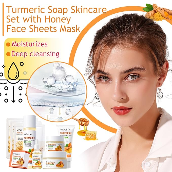 Turmeric Soap Skincare Set with Honey Face Sheets Mask,Hydrating Travel Size Turmeric Face Wash,Moisturizing Face Toner & Face Serum & Face Cream,Eye Cream Skin Care Gift Set for Womenďź9PCS)