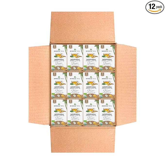 Miracle Tree - 12 Count of Organic Moringa Superfood Tea, 25 Individually Sealed Tea Bags, Ginger (Keto, Detox, Energy/Immunity Booster, Vegan, Gluten-Free, Organic, Non-GMO, Caffeine-Free)