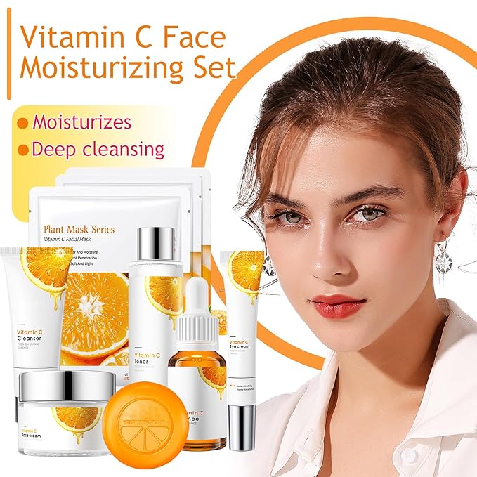 Vitamin C Skincare Set,Hydrating Travel Size Face Wash,Moisturizing Face Toner & Face Serum & Face Cream,Eye Cream Skin Care Gift Set for Womenďź9PCS)