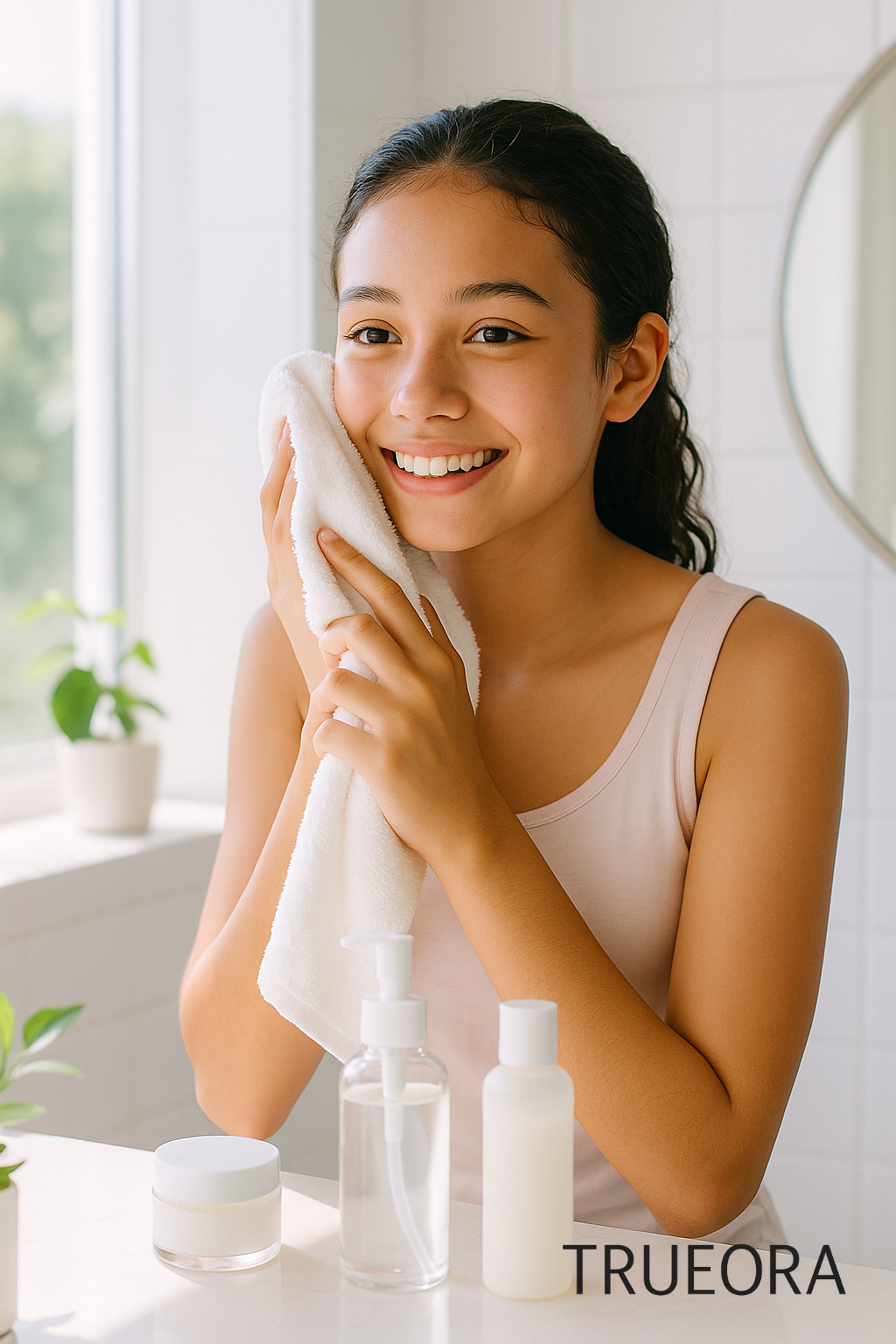 Teen girl smiling in a sunlit bathroom while gently wiping her face with a towel, surrounded by clean skincare bottles and natural plants — promoting minimal and safe skincare for teens.