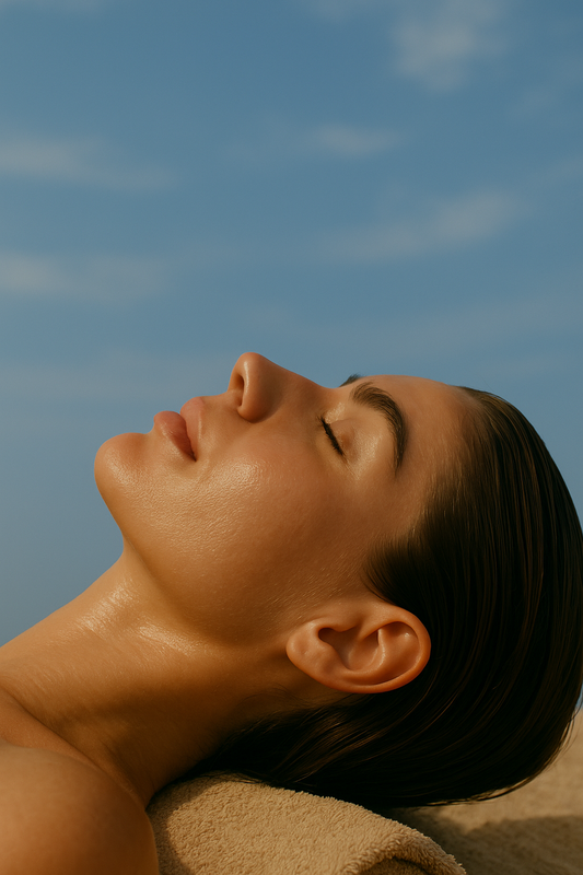 Trueora clean beauty skincare woman relaxing under clear sky with radiant glowing skin
