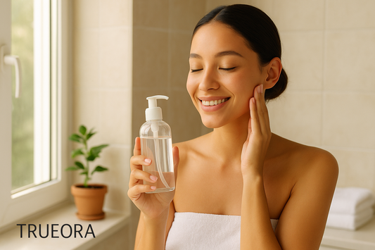 Trueora clean skincare routine – woman with radiant skin holding a clear cleanser bottle by a sunlit bathroom window, natural plants and white towel in the background