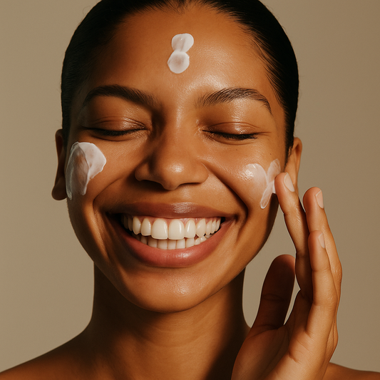 Trueora clean sunscreen for sensitive skin – smiling woman applying natural SPF for radiant sun care