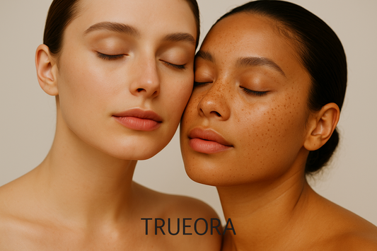 Two women with natural glowing skin and freckles, close-up portrait in soft light, highlighting fragrance-free skincare and hypoallergenic sensitive skin care, Trueora clean beauty concept