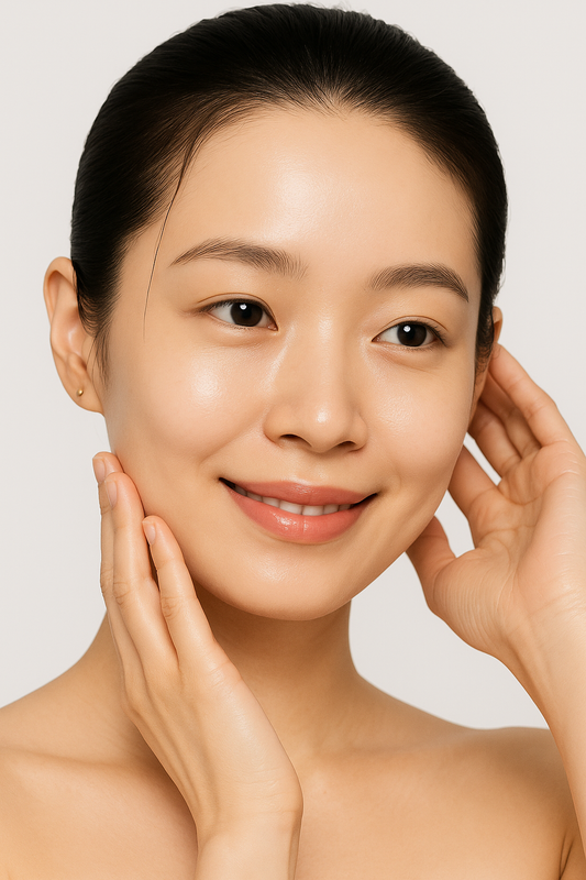 Radiant Korean woman with dewy glowing skin and natural makeup, showing flawless K-beauty foundation results – Trueora