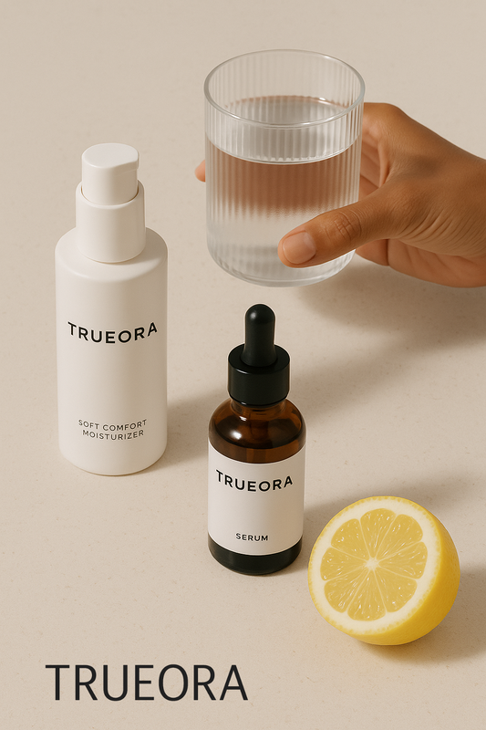 Minimalist skincare flatlay featuring Trueora Soft Comfort Moisturizer and Trueora Serum beside a glass of water and a fresh lemon slice, symbolizing clean beauty and gentle skincare.