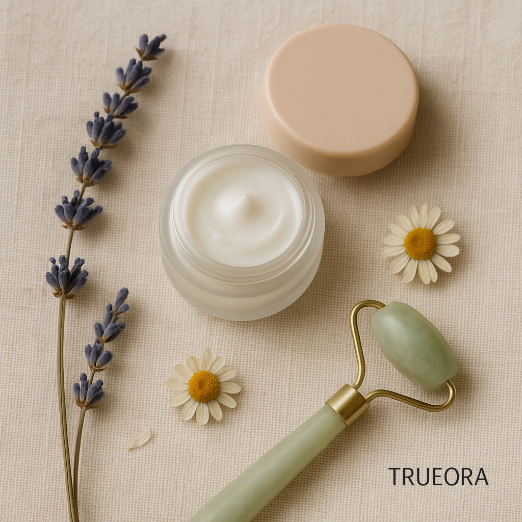 Gentle eye cream in a frosted glass jar with chamomile and jade roller on a linen background – clean beauty skincare for sensitive under-eye care.