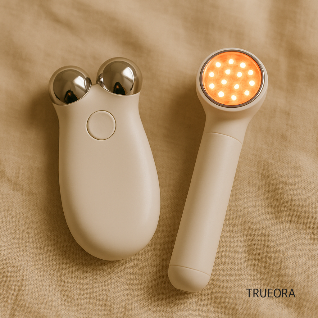 facial toning and anti-aging devices – white microcurrent tool and LED light therapy wand on beige fabric background for skin lifting and wrinkle reduction