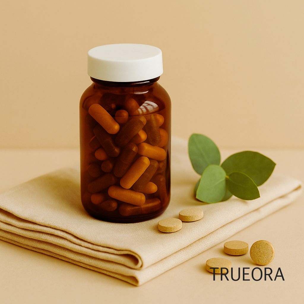 amber bottle of blended herbal and vitamin capsules with tablets and eucalyptus on beige linen – natural daily supplement for energy, stress, and immunity support