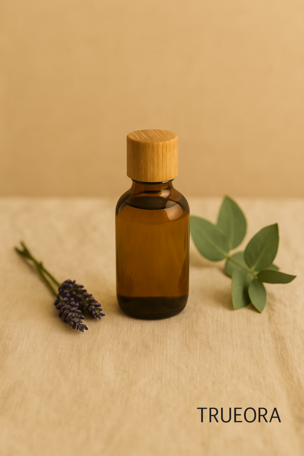 Amber glass bottle of bath oil with wooden cap placed on beige linen, surrounded by lavender and eucalyptus – natural relaxation setting.