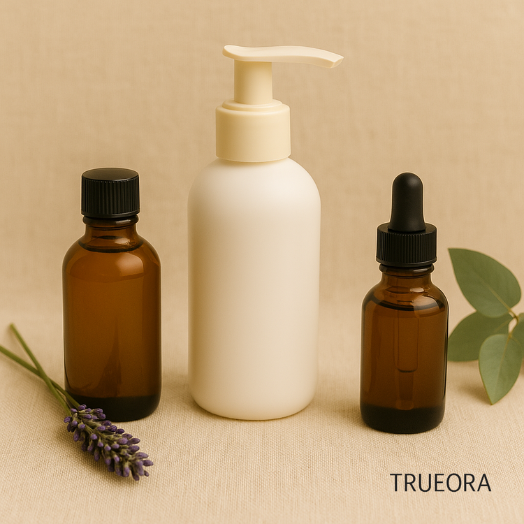 natural muscle and joint therapy set with massage oil bottle, body lotion pump, and dropper oil on beige linen with lavender and eucalyptus – clean body relief products