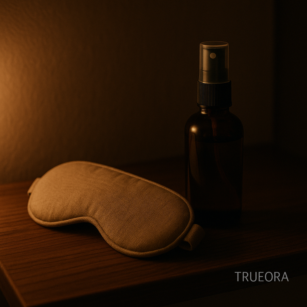 bedside sleep essentials with beige eye mask and sleep spray on wooden nightstand under warm light – natural bedtime routine support for restful sleep