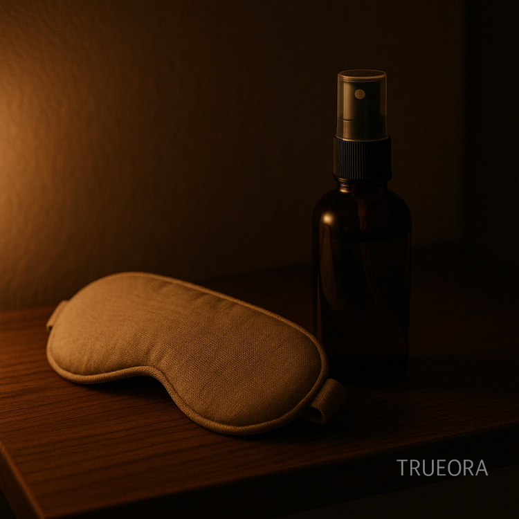 bedside sleep essentials with beige eye mask and sleep spray on wooden nightstand under warm light – natural bedtime routine support for restful sleep