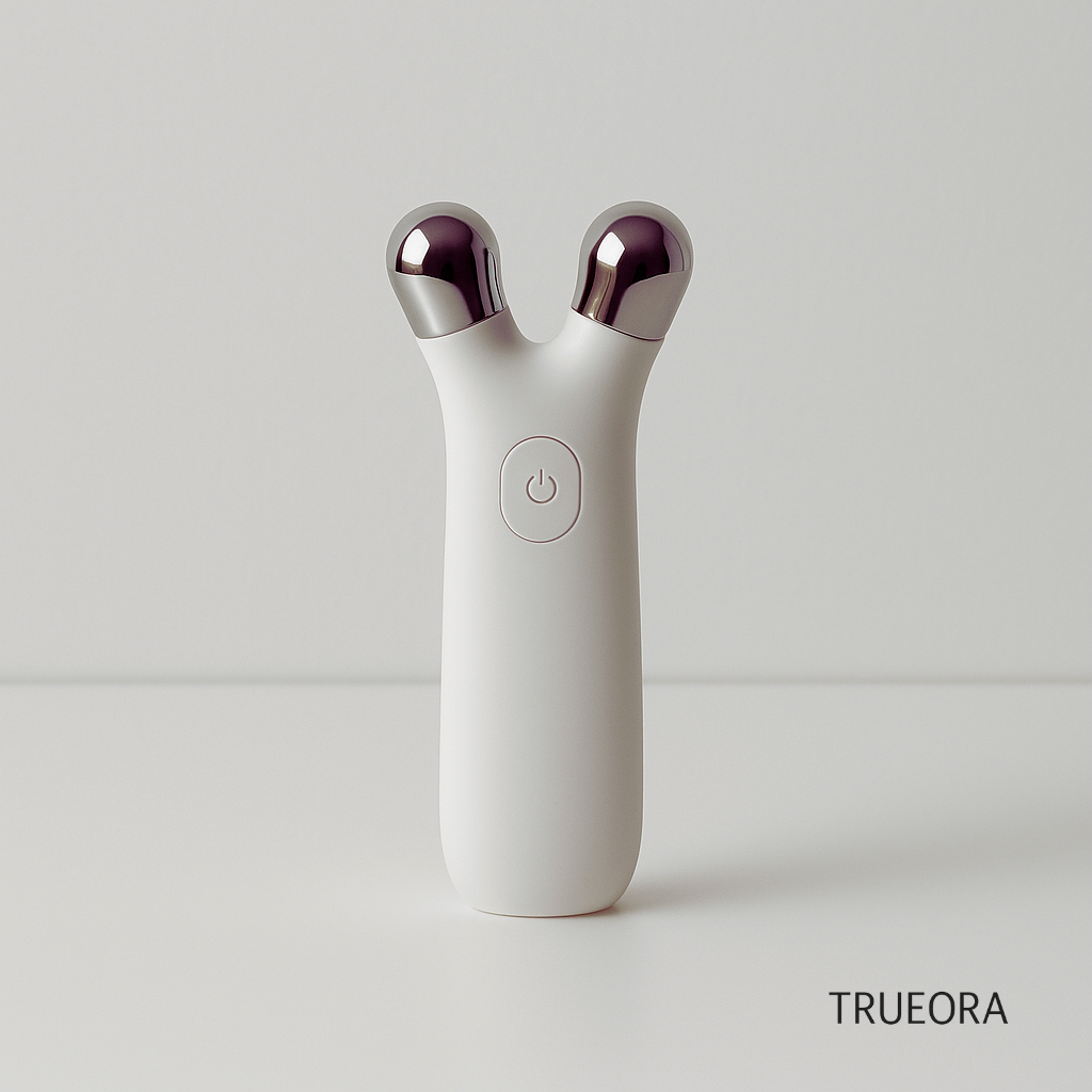 white microcurrent facial device with dual metal heads on clean white background – non-invasive skincare tool for anti-aging and skin toning