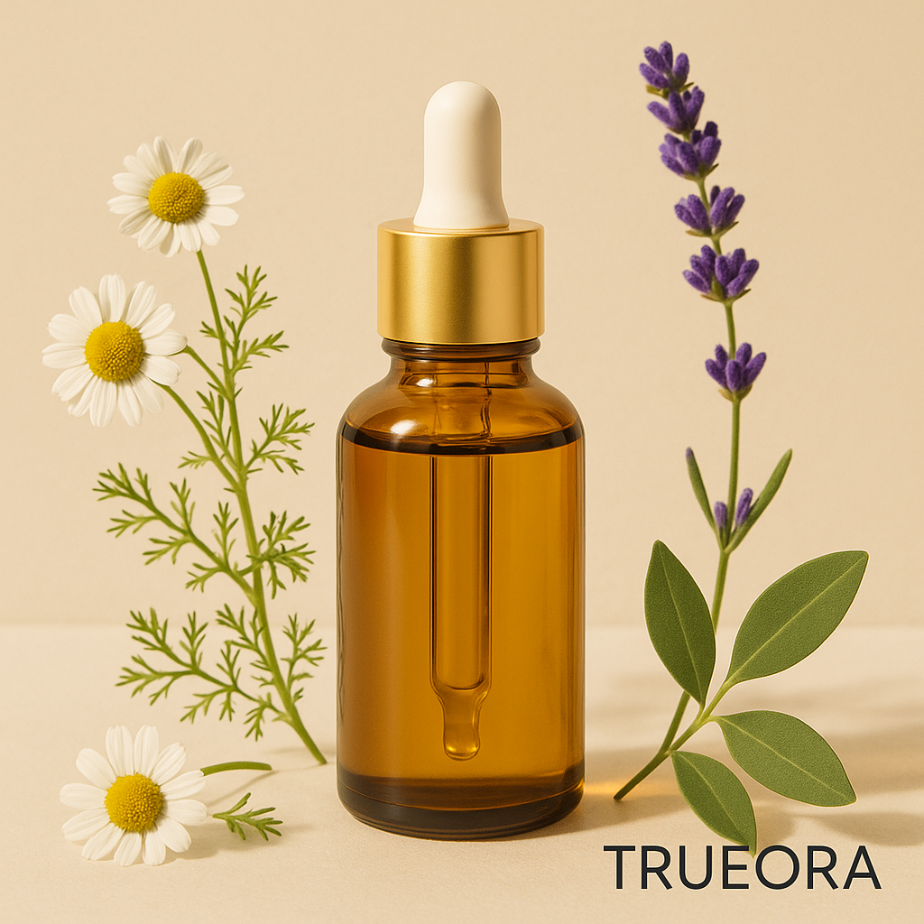 TRUEORA-branded amber facial oil bottle with gold dropper, surrounded by chamomile, lavender, and jojoba leaves, with watermark logo in bottom-right corner.