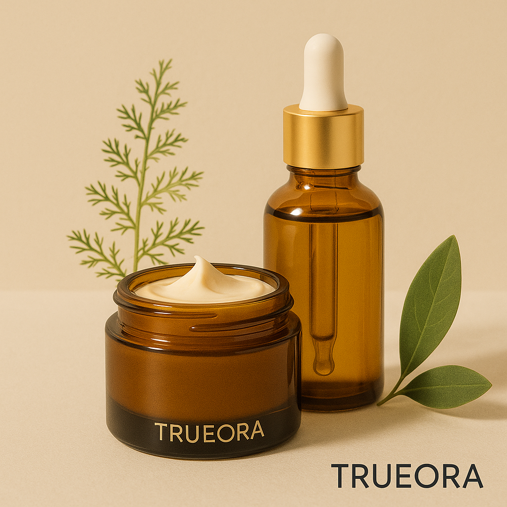 TRUEORA-branded amber glass cream jar and dropper bottle with natural botanicals on a beige background, featuring a watermark logo in the bottom-right corner.