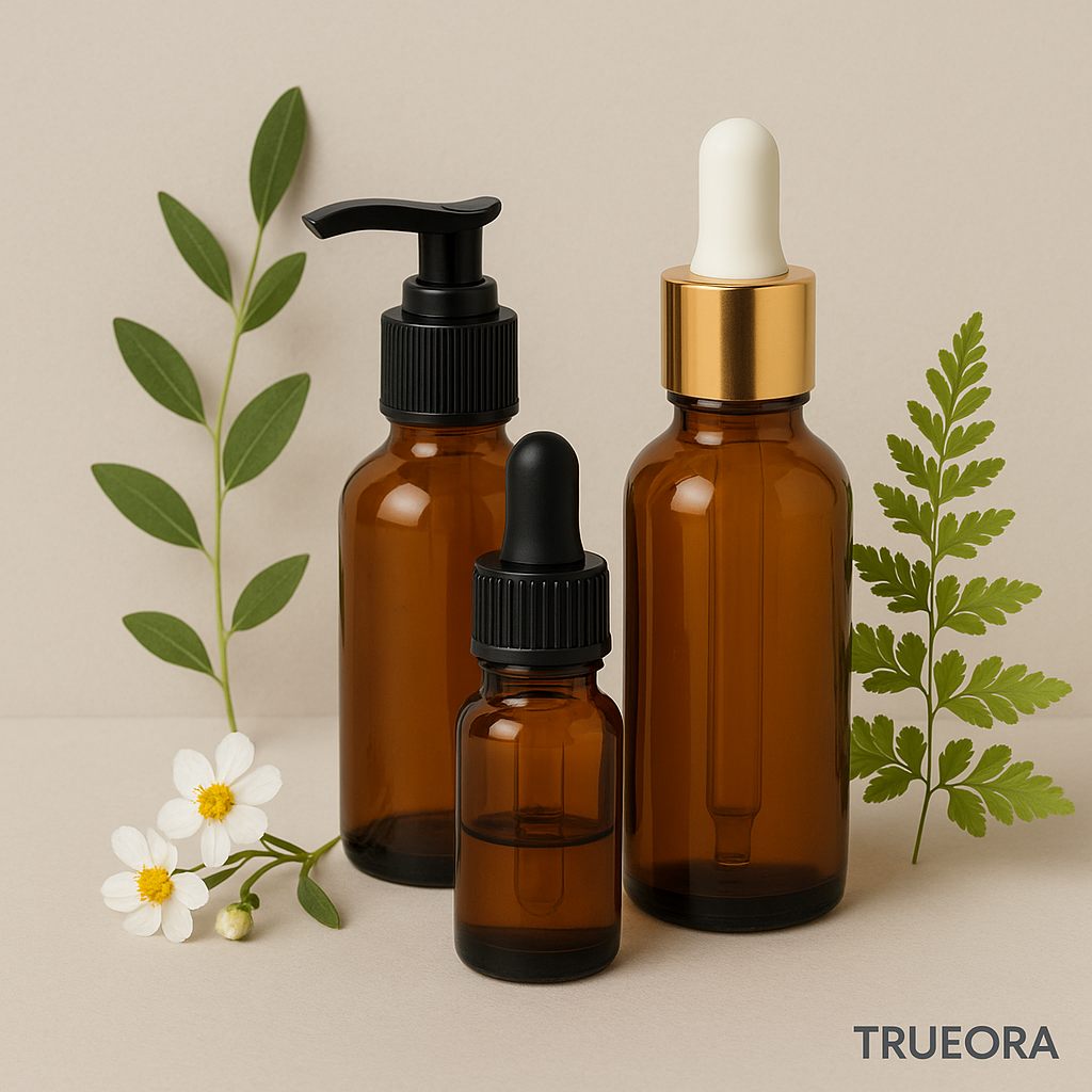 Three amber glass skincare bottles—dropper, pump, and serum—arranged with botanical elements on a clean beige background, featuring the TRUEORA watermark in the bottom-right corner.