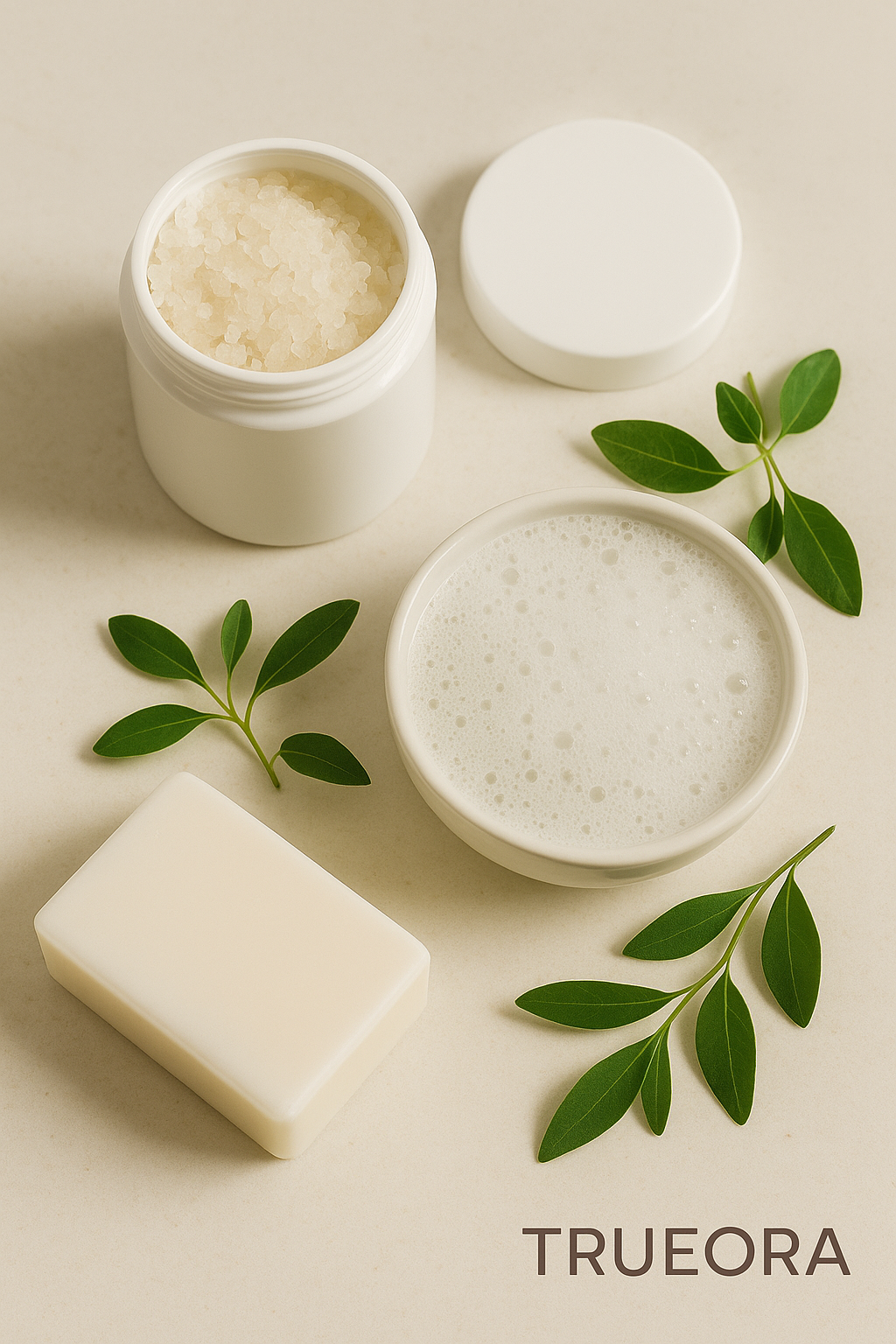 Bath salts, foaming soak, and bar soap arranged with green herbs on a clean beige surface, with the TRUEORA logo in the bottom-right corner.