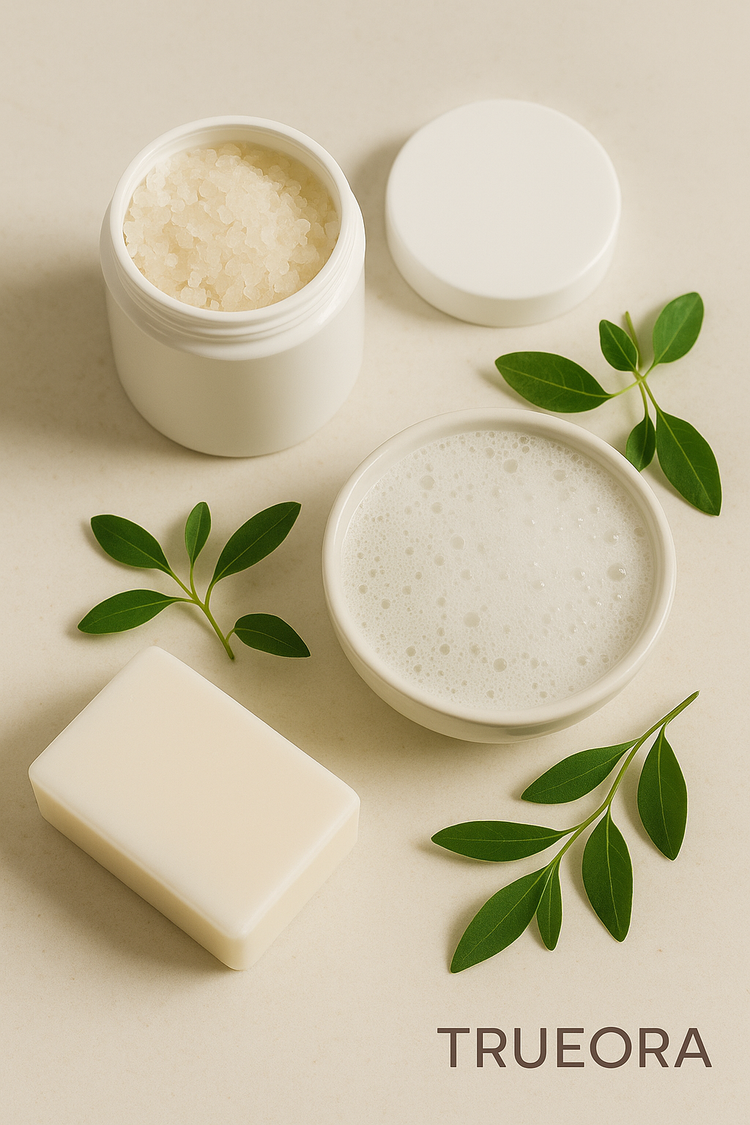 Bath salts, foaming soak, and bar soap arranged with green herbs on a clean beige surface, with the TRUEORA logo in the bottom-right corner.