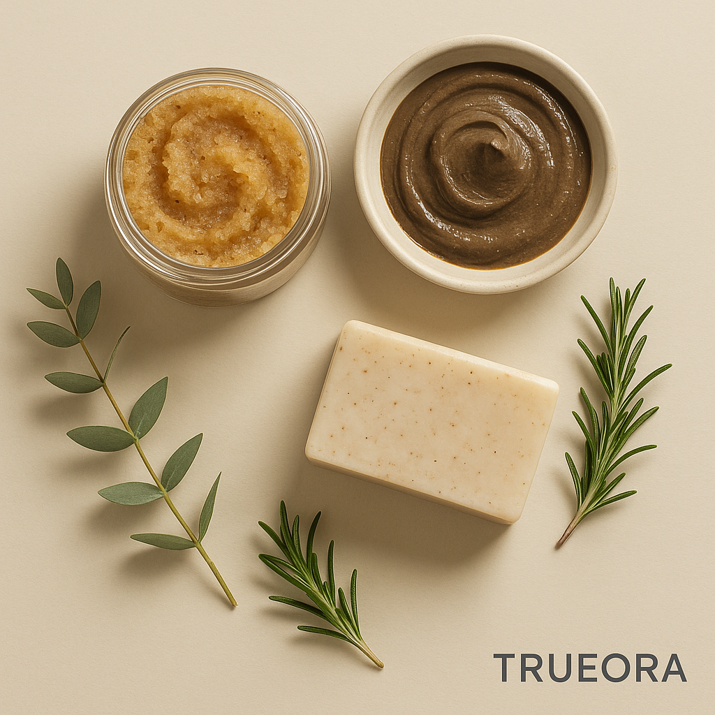 A body scrub jar, mud mask dish, and speckled exfoliating soap arranged with eucalyptus and rosemary sprigs on a beige surface, with the TRUEORA logo in the bottom right.
