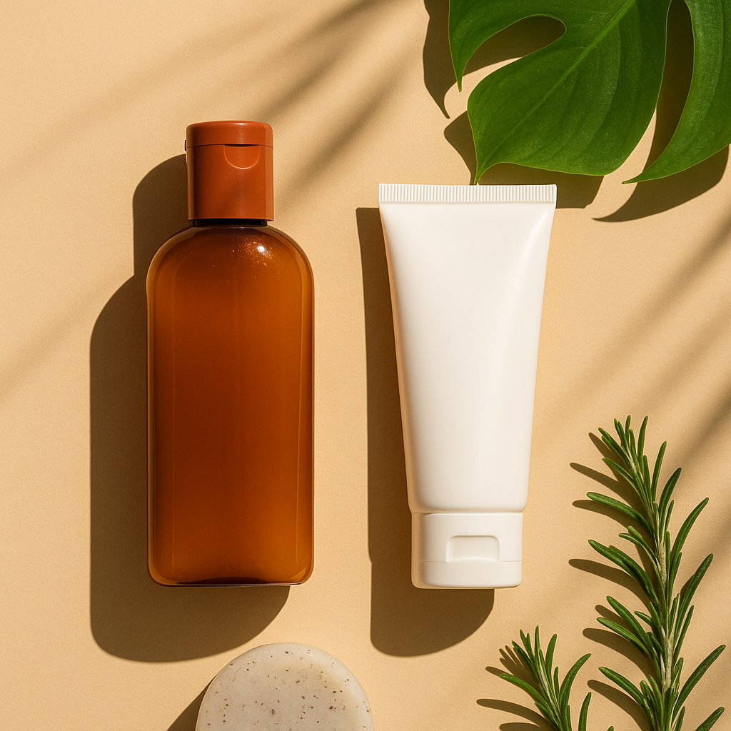 Self-tanning lotion and mineral sunscreen on a warm beige surface with monstera leaf, rosemary, and sunlight shadows, styled cleanly with a natural glow.