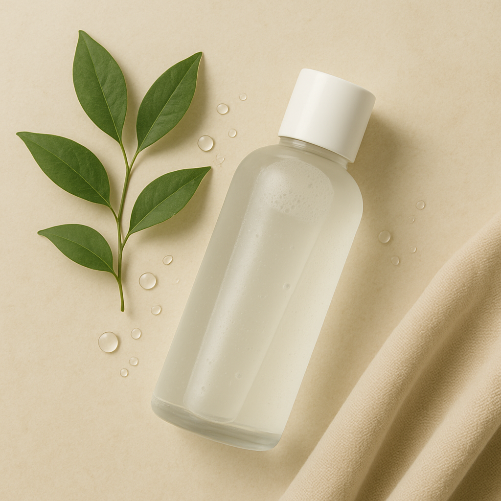 A minimal mist toner bottle with fresh dewdrops and green leaves on a soft beige background, natural skincare hydration.