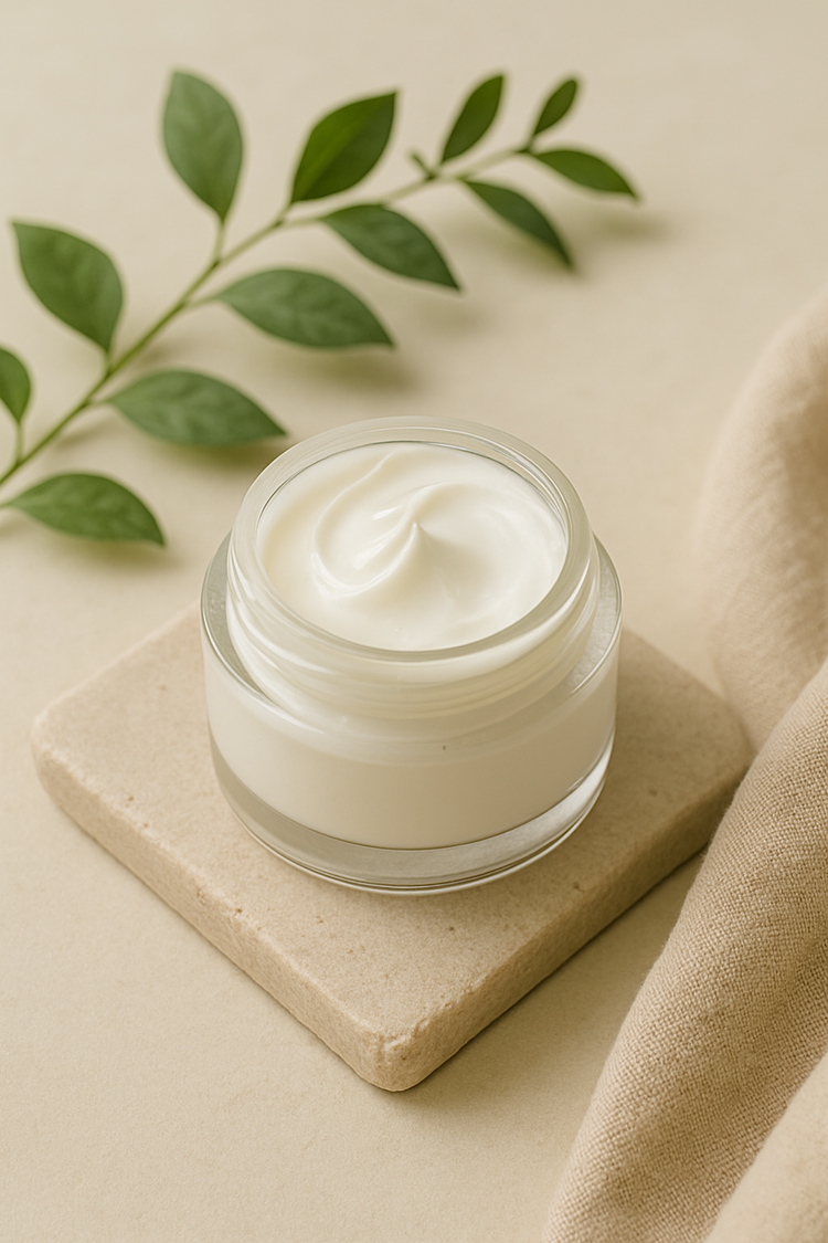 An open jar of white cream on a stone tray with greenery and almonds, soft natural lighting, clean moisturizing skincare.
