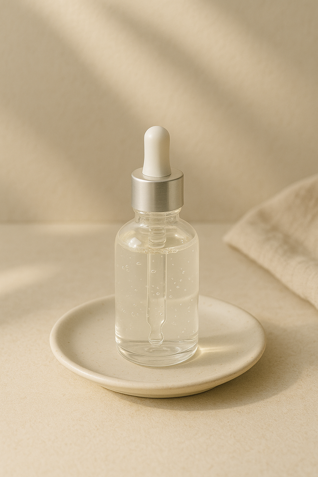 A clear glass dropper bottle with hydrating serum and tiny bubbles, on a ceramic dish, soft sunlight, clean beauty facial serum.