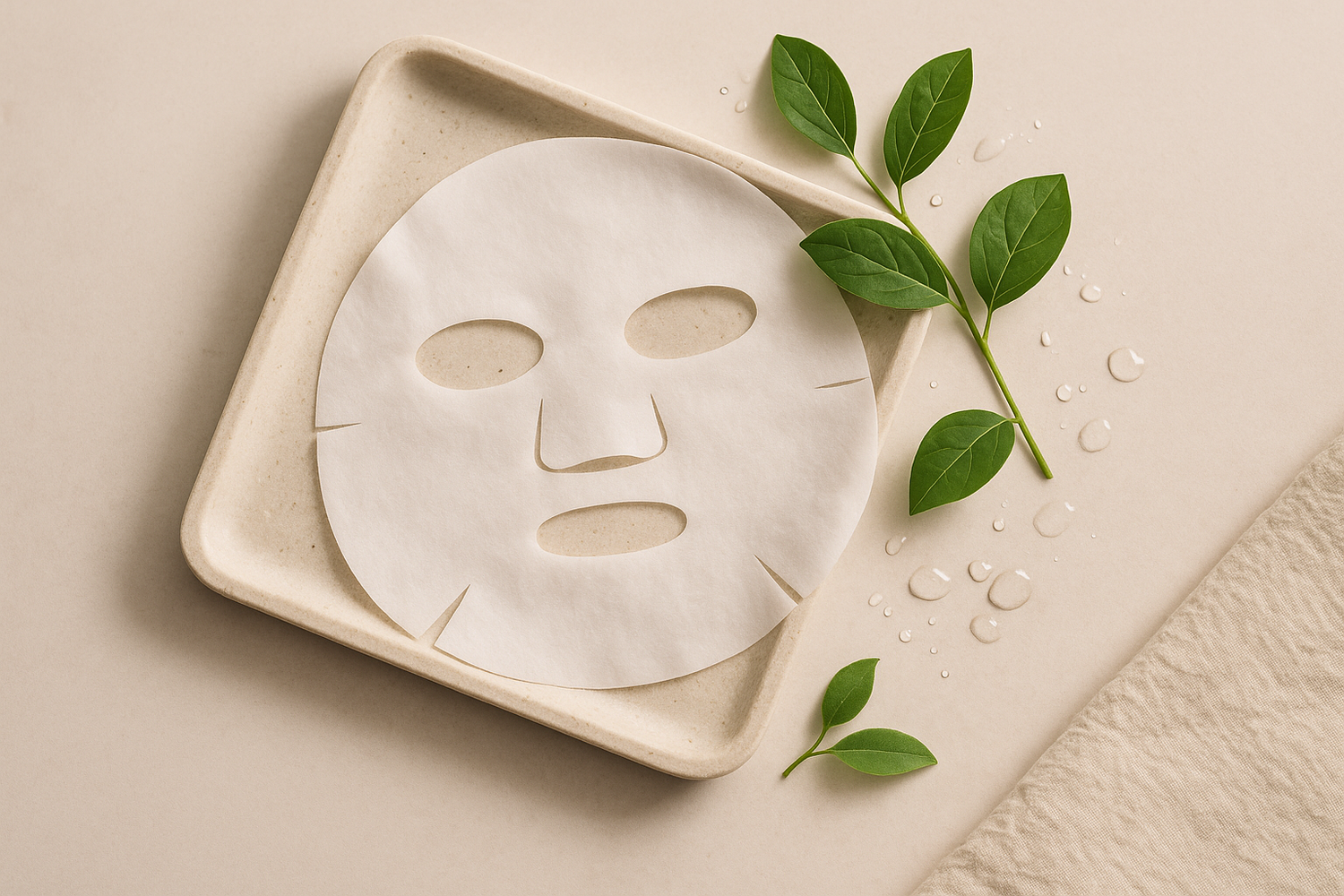 A white sheet mask on a beige stone tray with green leaves and water droplets, minimal natural skincare.