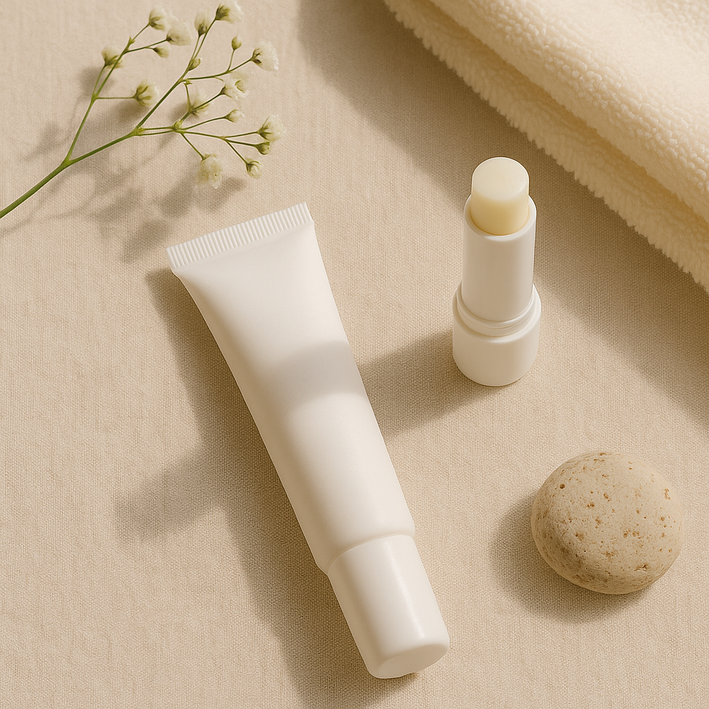 A white lip cream tube and lip balm on beige fabric with baby's breath flower, natural gentle lip care.