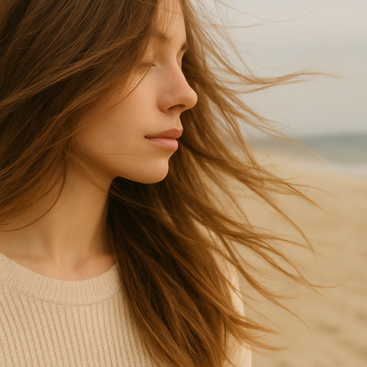 A woman’s long light brown hair flowing in the breeze, soft natural light on a beach, pure natural hair care.