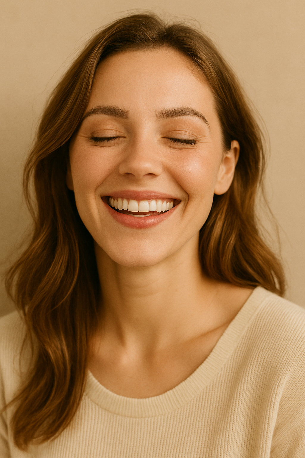 A smiling woman with clean natural makeup, light mascara and soft rosy lips, radiant skin, clean beauty makeup.